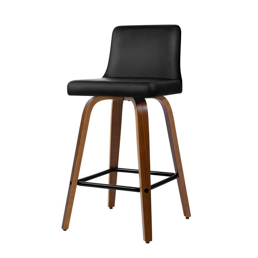 Set of 2 Kitchen Wooden Bar Stools Swivel Bar Stool Chairs PU Leather Luxury Black - BSR