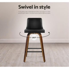 Set of 2 Kitchen Wooden Bar Stools Swivel Bar Stool Chairs PU Leather Luxury Black - BSR