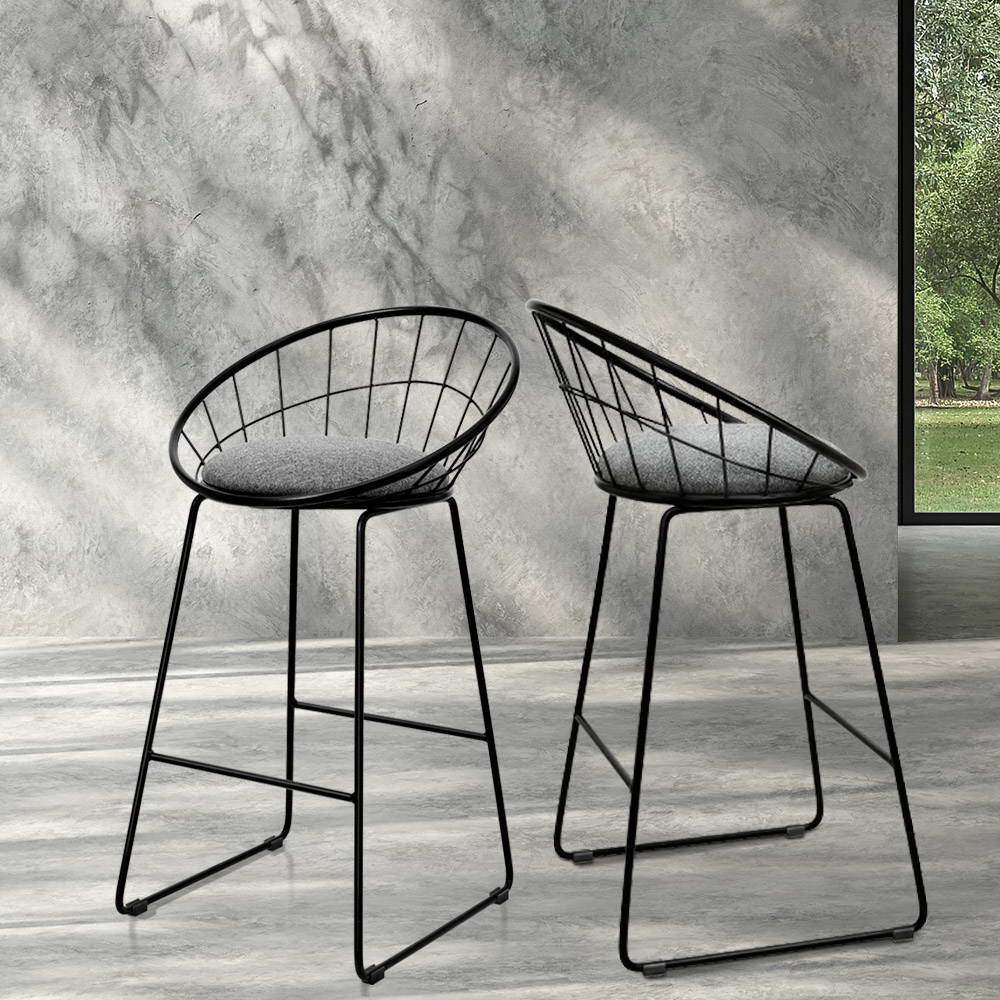 Set of 2 Nordic Bar Stools Metallic Bar Stool Kitchen Fabric Grey Black - BSR