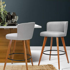 Set of 2 Wooden Bar Stools Modern Bar Stool Kitchen Fabric Light Grey - BSR