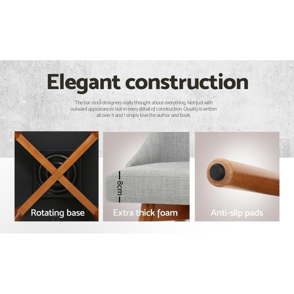 Set of 2 Wooden Bar Stools Swivel Bar Stool Kitchen Cafe Fabric Light Grey - BSR