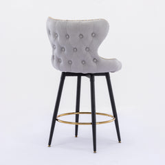 2x Swivel Bar Stools Tufted Counter Chairs with Stud Trim and Metal Base-Light Grey