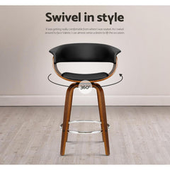 1x Swivel Bar Stools Wooden Bar Stool Kitchen Leather Black - BSR