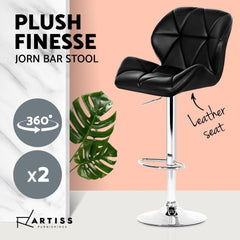 Sett of 2 Bar Stools Gas Lift Kitchen Swivel Chairs PU Leather Chrome Black - BSR