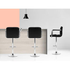 Set of 2 Bar Stools Gas lift Swivel Chairs Kitchen Armrest PU Leather Chrome Black - BSR