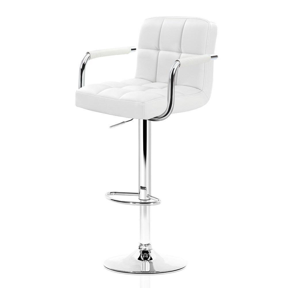 Set of 2 Bar Stools Gas lift Swivel Chairs Kitchen Armrest PU Leather Chrome White - BSR