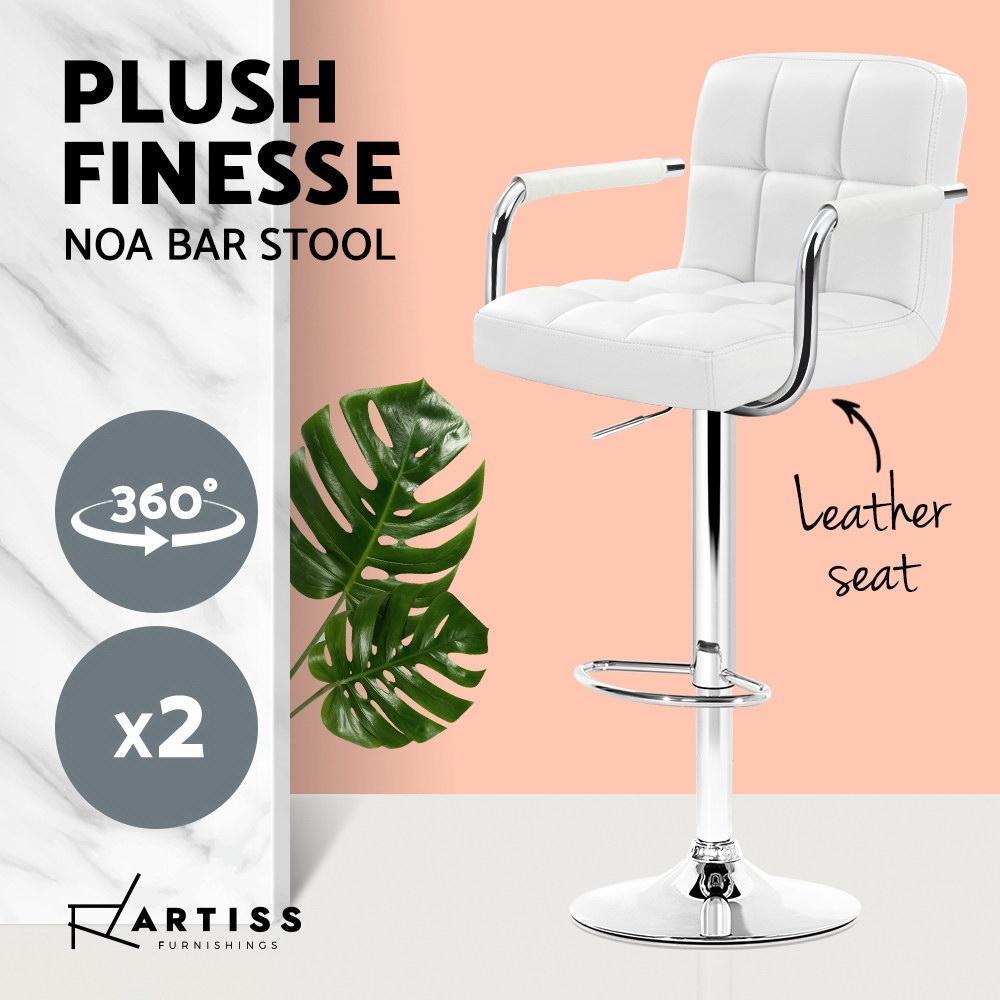 Set of 2 Bar Stools Gas lift Swivel Chairs Kitchen Armrest PU Leather Chrome White - BSR