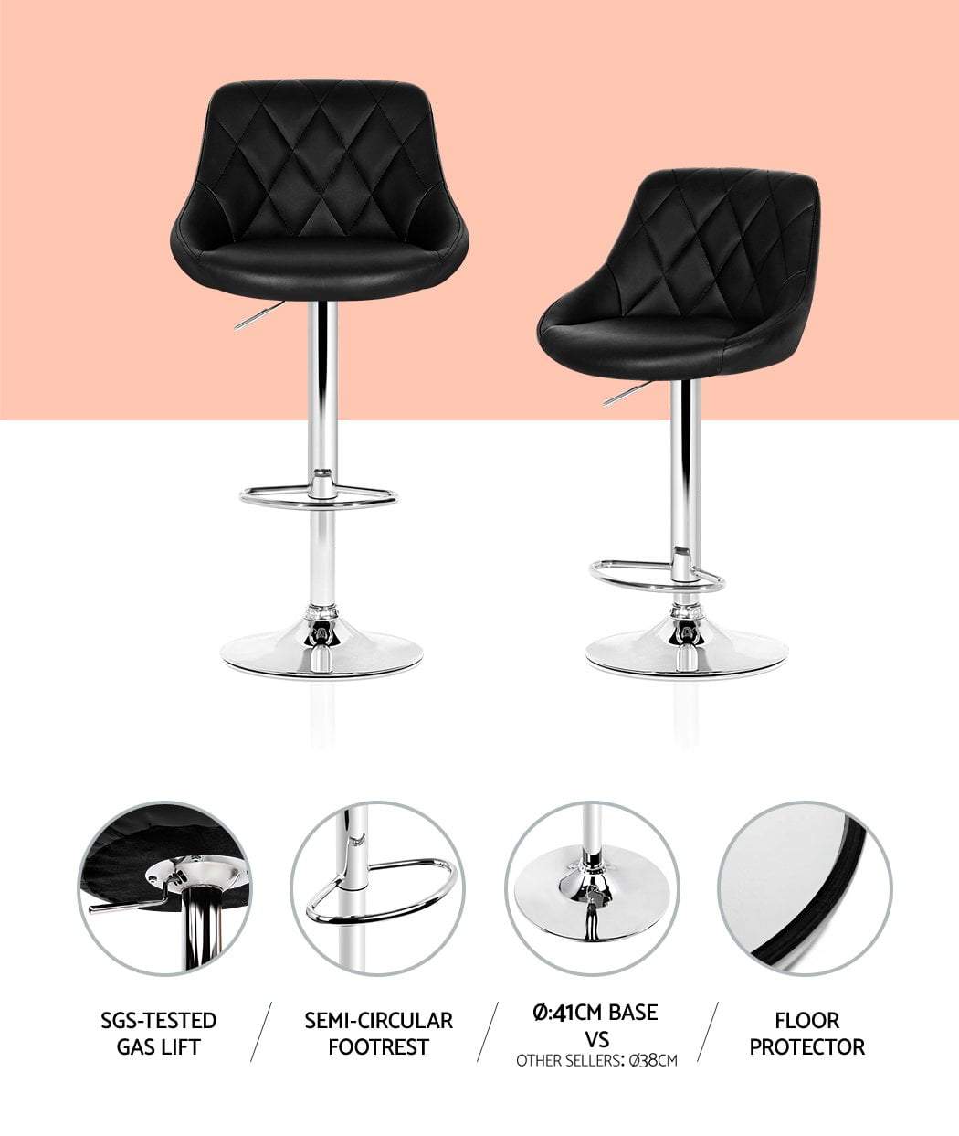 Set of 2 Bar Stools Kitchen Gas Lift Swivel Chairs PU Leather Chrome Black - BSR