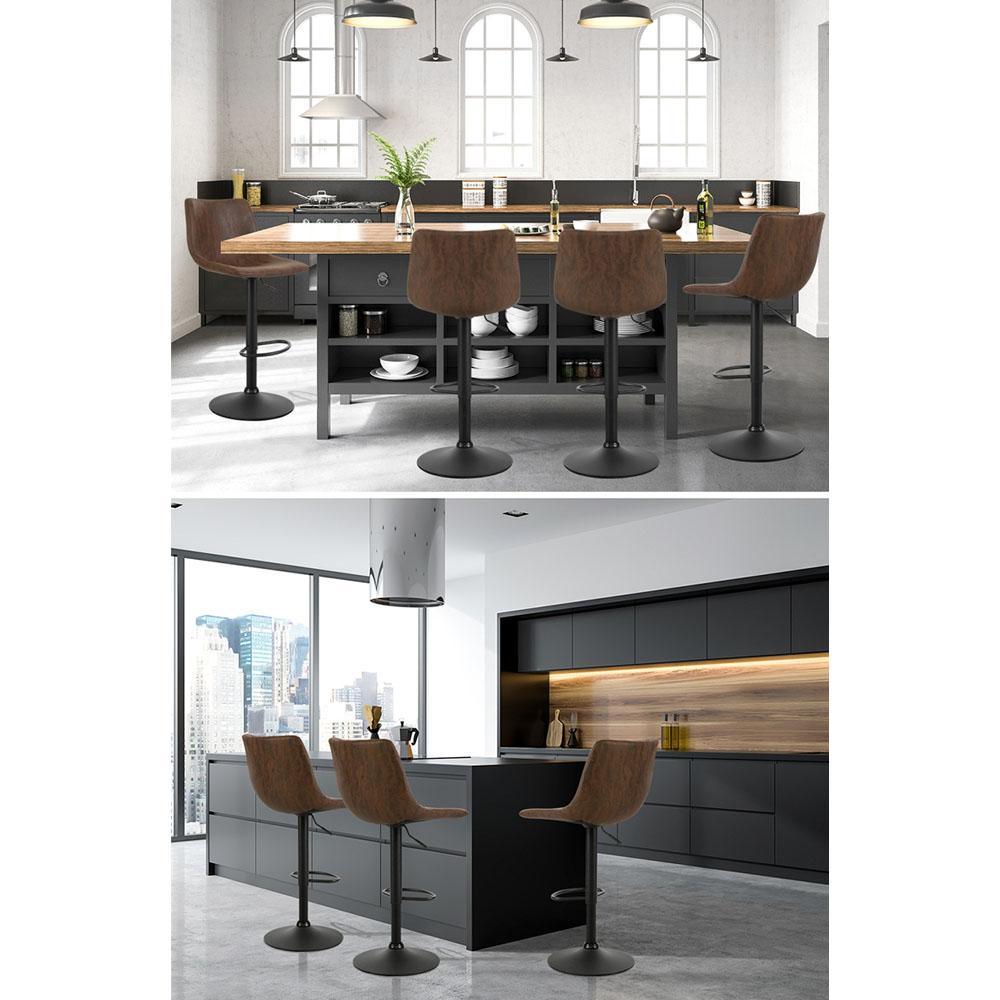 Set of 2 Kitchen Bar Stools Gas Lift Bar Stool Chairs Swivel Vintage PU Leather Brown Black Coated Legs - BSR