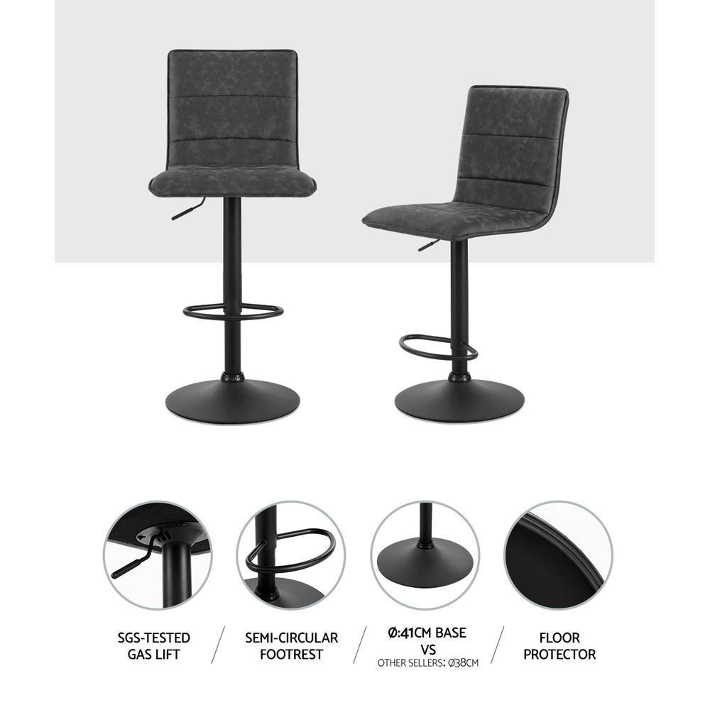 Set of 2 Kitchen Bar Stools Gas Lift Bar Stool Chairs Swivel Vintage PU Leather Grey Black Coated Legs - BSR