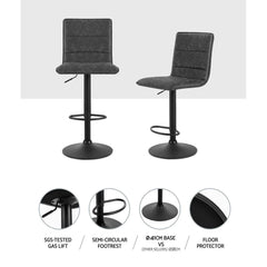 Set of 2 Kitchen Bar Stools Gas Lift Bar Stool Chairs Swivel Vintage PU Leather Grey Black Coated Legs - BSR