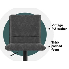 Set of 2 Kitchen Bar Stools Gas Lift Bar Stool Chairs Swivel Vintage PU Leather Grey Black Coated Legs - BSR