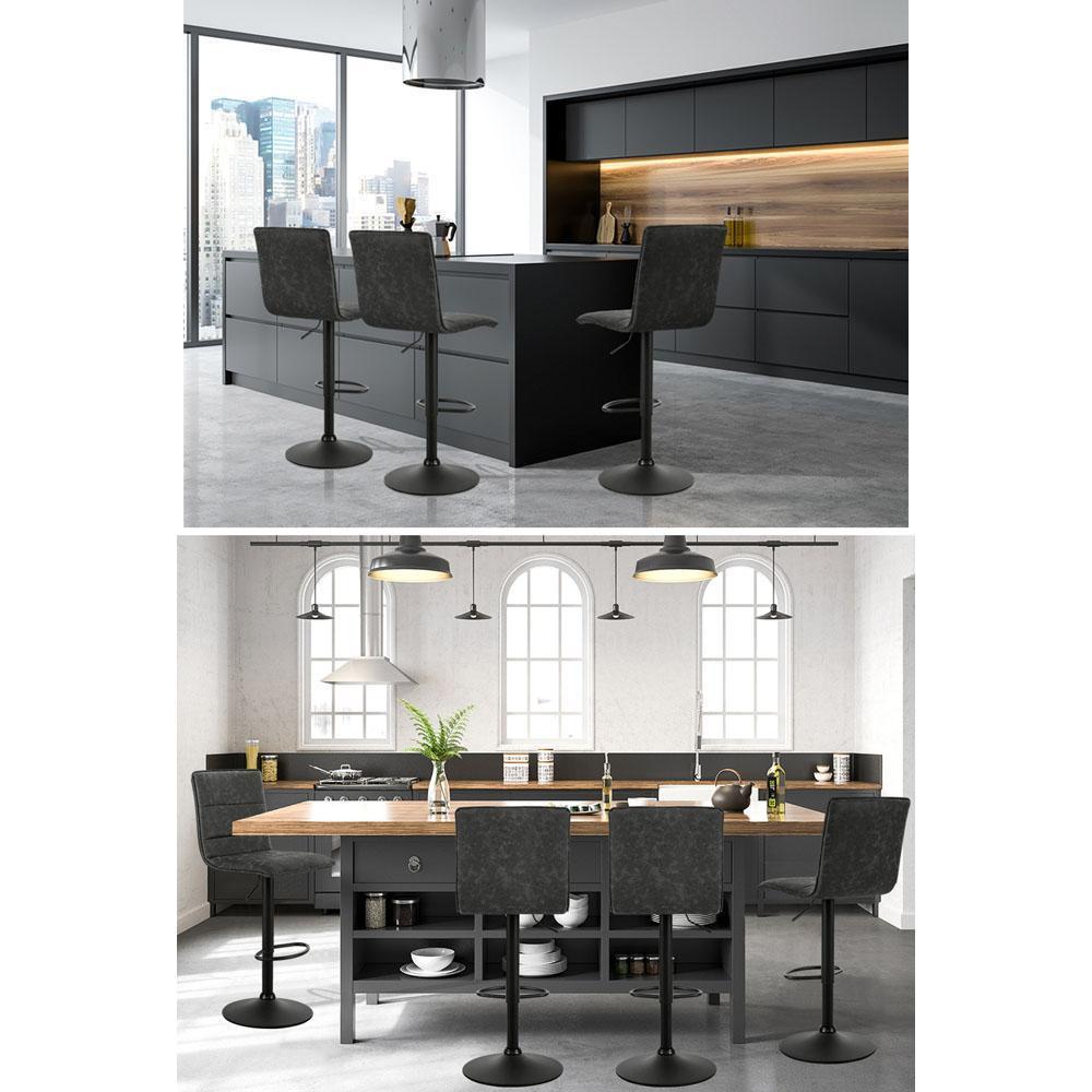 Set of 2 Kitchen Bar Stools Gas Lift Bar Stool Chairs Swivel Vintage PU Leather Grey Black Coated Legs - BSR