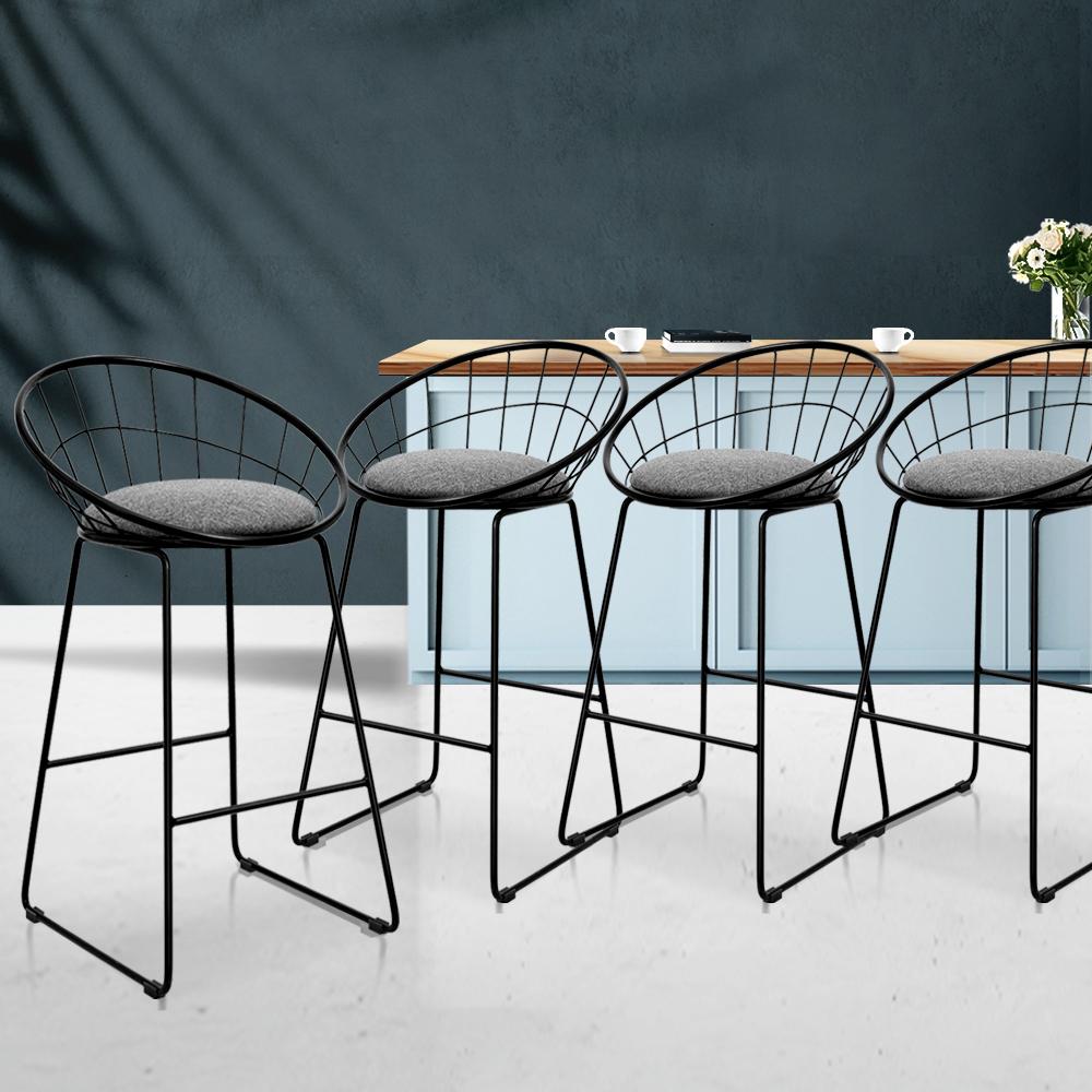 Set of 4 Nordic Bar Stools Metallic Bar Stool Kitchen Chairs Fabric Grey Black - BSR