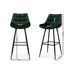 Set of 2 Kitchen Bar Stools Velvet Bar Stool Counter Chairs Metal Barstools Green - BSR