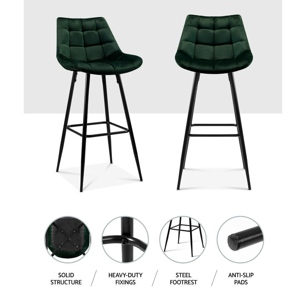 Set of 2 Kitchen Bar Stools Velvet Bar Stool Counter Chairs Metal Barstools Green - BSR