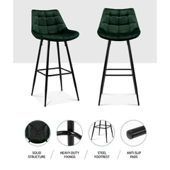 Set of 2 Kitchen Bar Stools Velvet Bar Stool Counter Chairs Metal Barstools Green - BSR