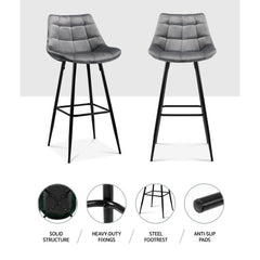 Set of 2 Kitchen Bar Stools Velvet Bar Stool Counter Chairs Metal Barstools Grey - BSR