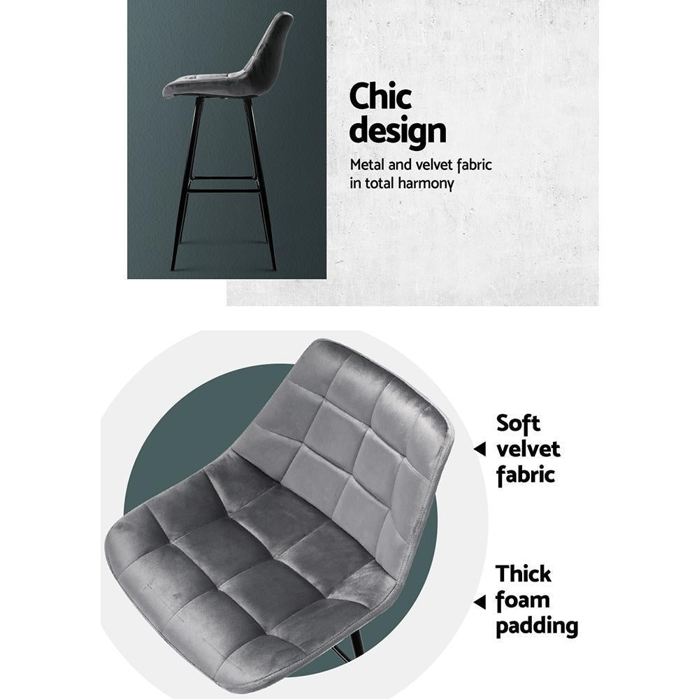 Set of 2 Kitchen Bar Stools Velvet Bar Stool Counter Chairs Metal Barstools Grey - BSR