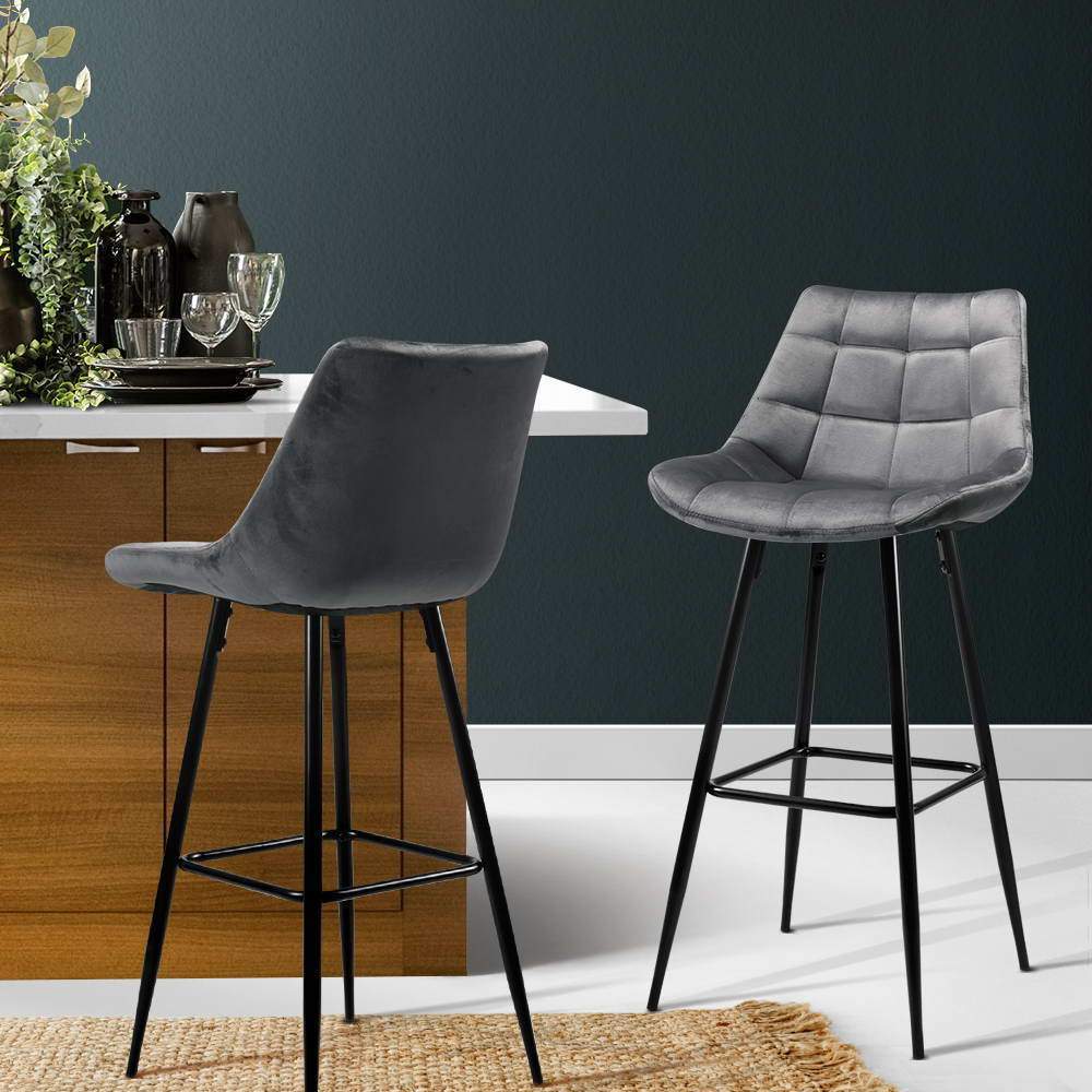 Set of 2 Kitchen Bar Stools Velvet Bar Stool Counter Chairs Metal Barstools Grey - BSR