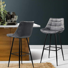 Set of 2 Kitchen Bar Stools Velvet Bar Stool Counter Chairs Metal Barstools Grey - BSR