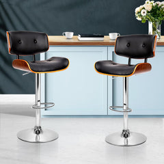 Set of 2 Wooden Bar Stools Bar Stool Kitchen Chair Dining Black Pad Gas Lift - BSR