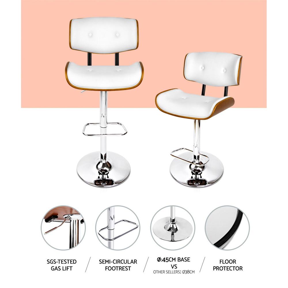 Set of 2 Wooden Bar Stools Bar Stool Kitchen Chair Dining White Pad Gas Lift - BSR