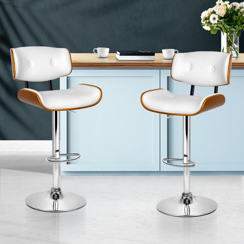 Set of 2 Wooden Bar Stools Bar Stool Kitchen Chair Dining White Pad Gas Lift - BSR