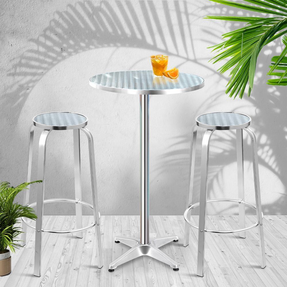 Gardeon Outdoor Bistro Set Bar Table Stools Adjustable Aluminium Cafe 3PC Round - BSR