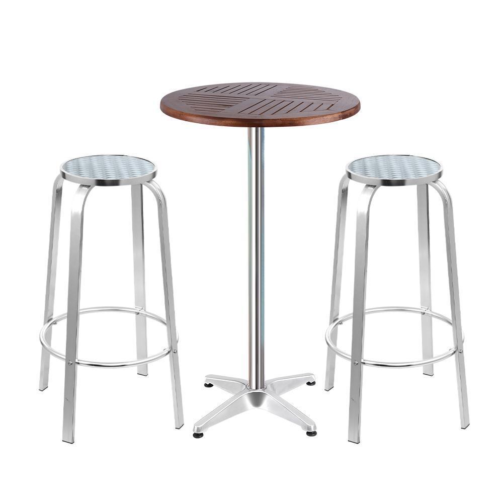 Gardeon Outdoor Bistro Set Bar Table Stools Adjustable Aluminium Cafe 3PC Wood - BSR