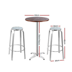 Gardeon Outdoor Bistro Set Bar Table Stools Adjustable Aluminium Cafe 3PC Wood - BSR