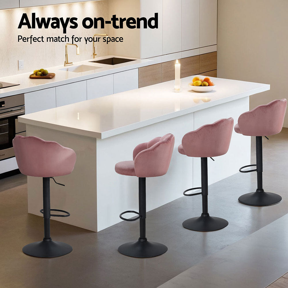 Nessa Velvet Gas-Lift Swivel Bar Stool Set of 4 – Pink