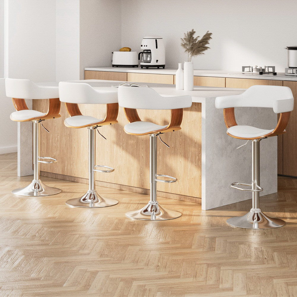 Selina PU Leather Gas-Lift Swivel Kitchen Bar Stool Set of 4 – White & Wood — image 7
