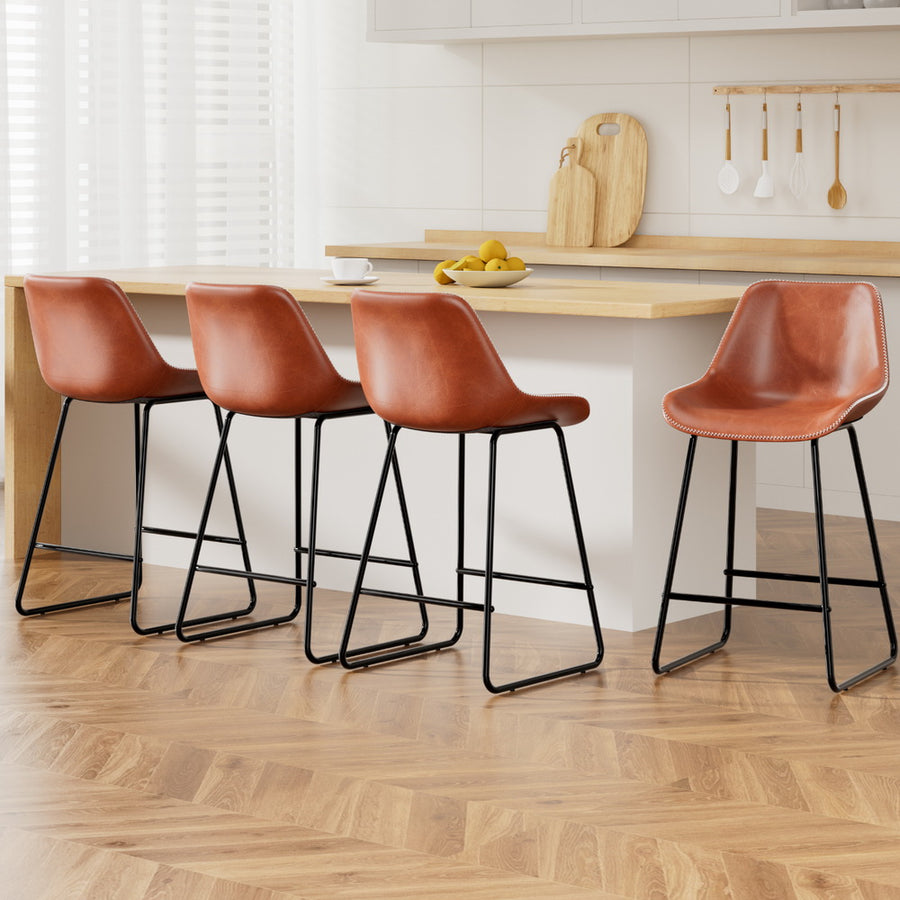 Fenella PU Leather Bar Stool Set of 4 – Brown — image 1