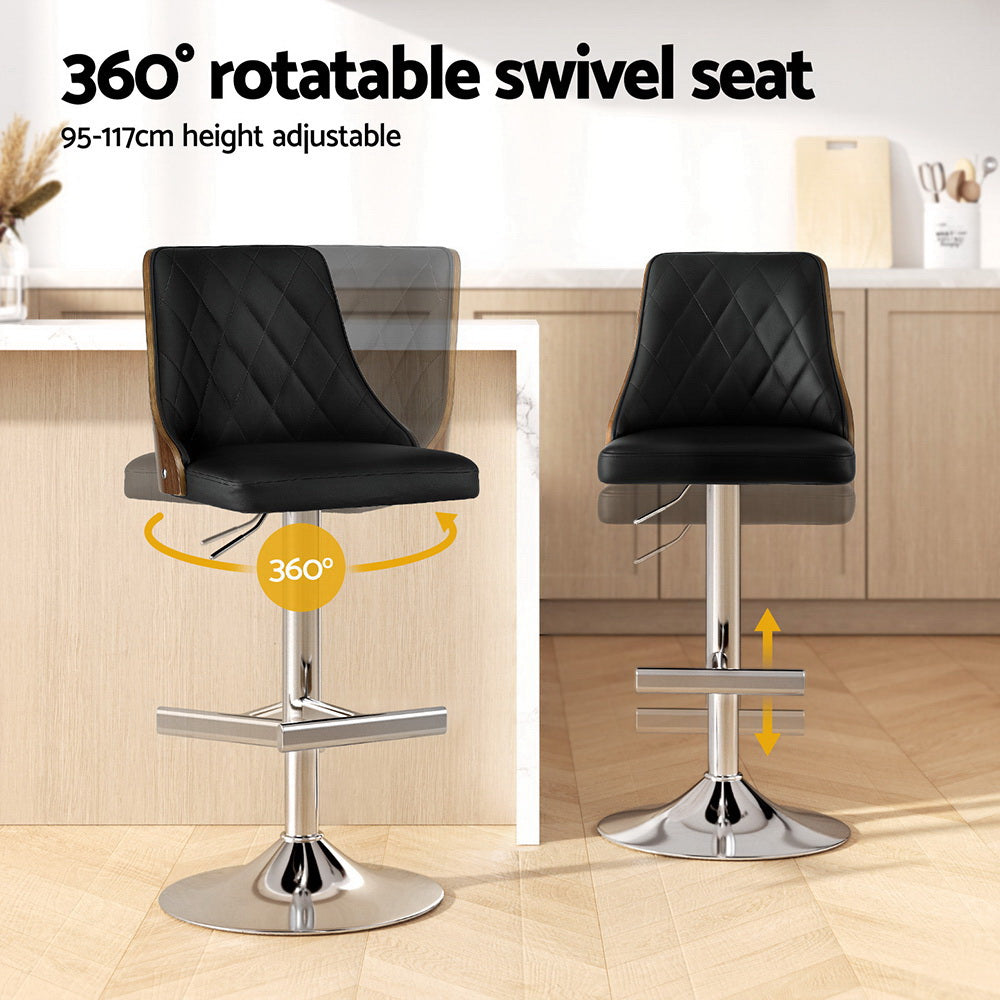 Soren PU Leather & Bentwood Gas-Lift Swivel Bar Stool Set of 2 – Black & Wood — image 4