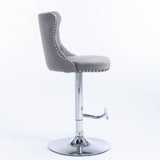 4x Height Adjustable Swivel Bar Stool Velvet Stud Barstool with Footrest and Chromed Base- Gray