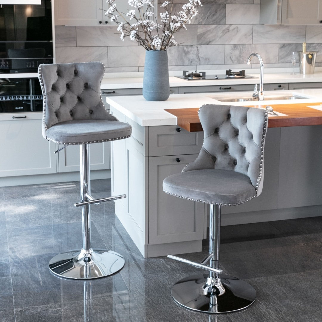 Gray Velvet Gas-Lift Swivel Bar Stool Set of 4 – Grey