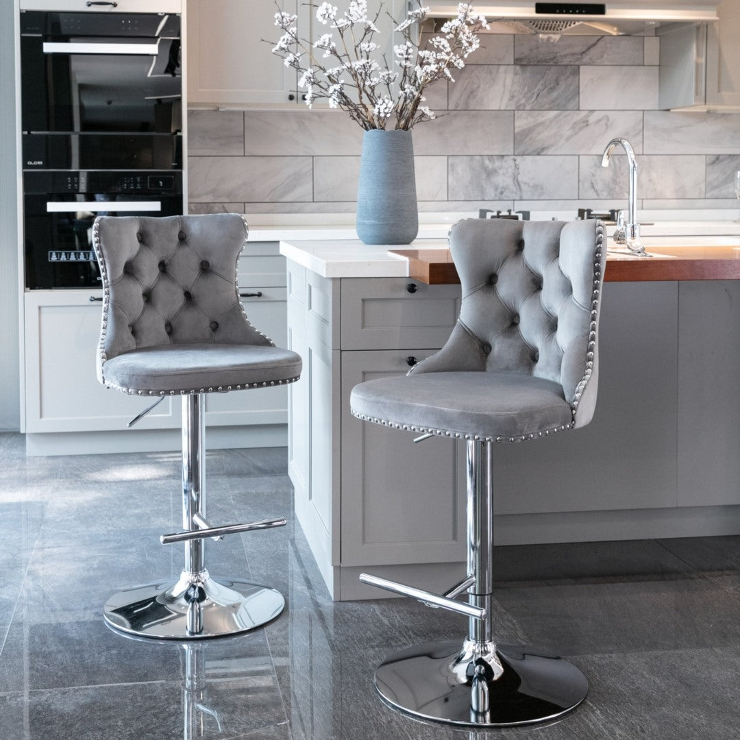 Gray Velvet Gas-Lift Swivel Bar Stool Set of 4 – Grey