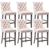 6X Velvet Bar Stools with Studs Trim Wooden Legs Tufted Dining Chairs Kitchen