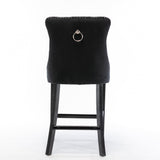 6X Velvet Bar Stools with Studs Trim Wooden Legs Tufted Dining Chairs Kitchen