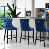 4X Velvet Bar Stools with Studs Trim Wooden Legs Tufted Dining Chairs Kitchen