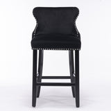 2x Velvet Upholstered Button Tufted Bar Stools with Wood Legs and Studs-Black