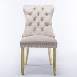 6x Velvet Dining Chairs Upholstered Tufted Kithcen Chair with Solid Wood Legs Stud Trim and Ring-Beige