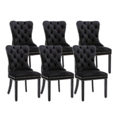 6x Velvet Dining Chairs Upholstered Tufted Kithcen Chair with Solid Wood Legs Stud Trim and Ring-Black