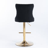 4x Height Adjustable Swivel Bar Stool Velvet Studs Barstool with Footrest and Golden Base- Black