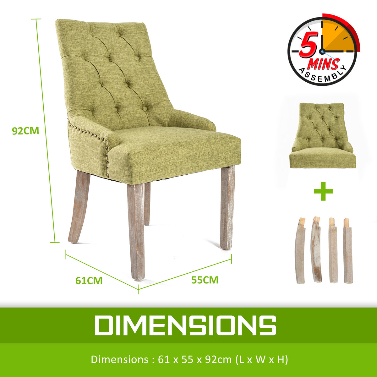 Solace Fabric Dining Chair Set of 2 – Green