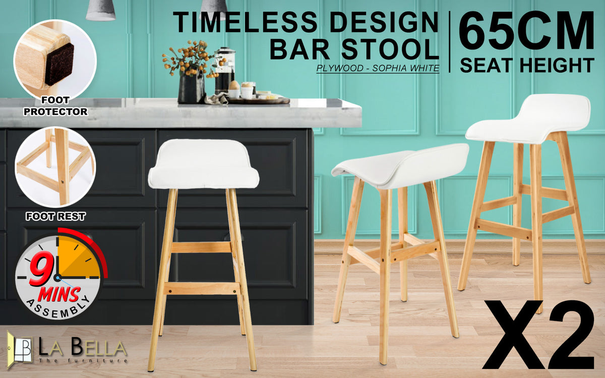 Sophia PU Leather Bar Stool Set of 2 – White, 65 cm Seat