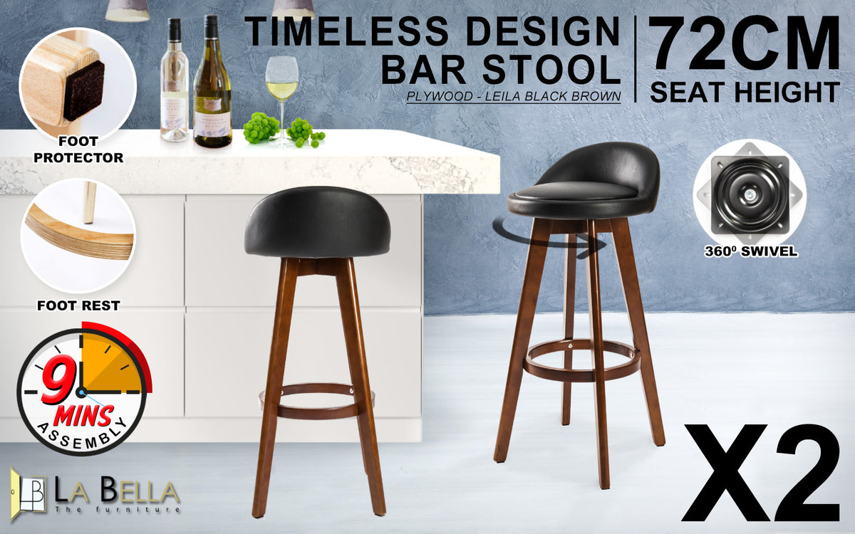 Leila Wooden Swivel Bar Stool Set of 2 – Black