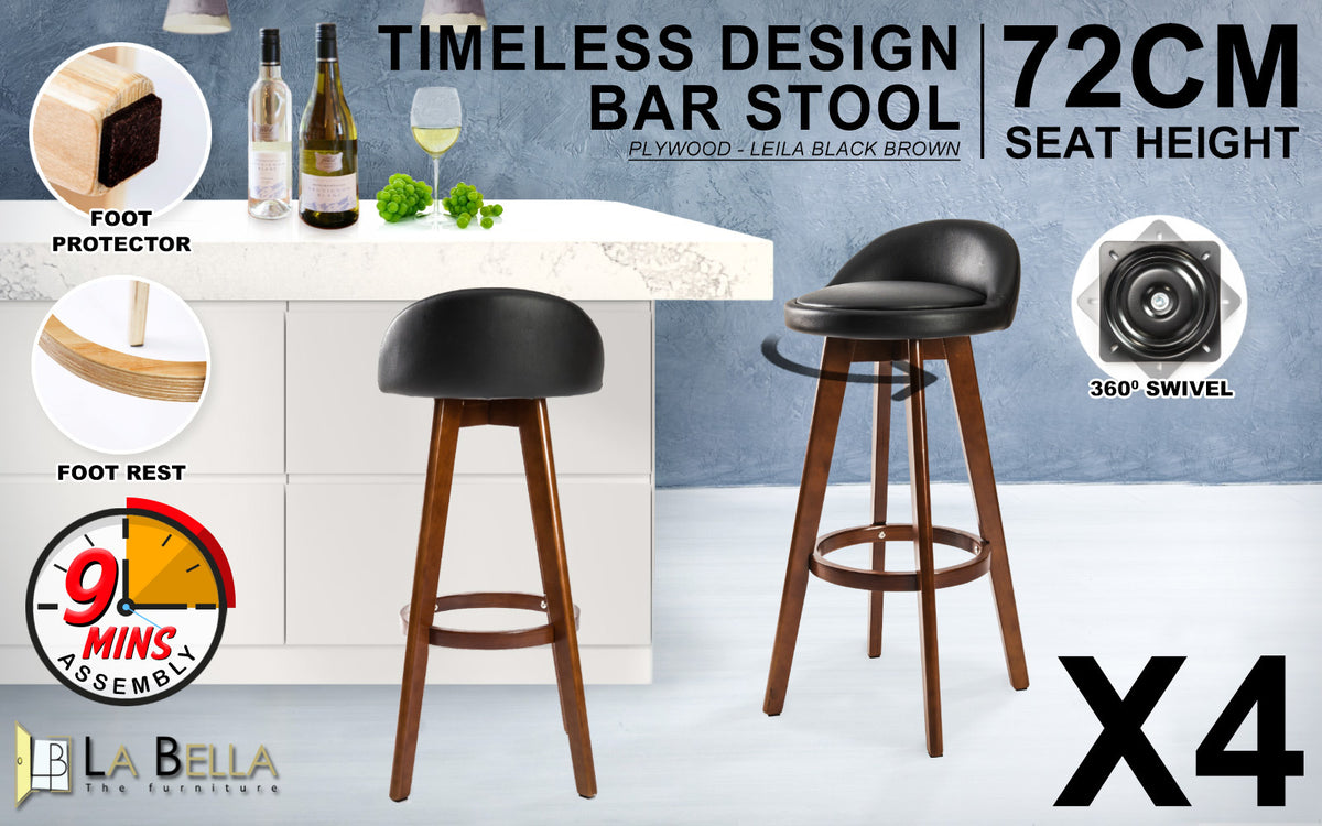 Leila Wooden Swivel Bar Stool Set of 4 – Black & Brown