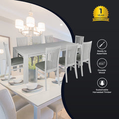 Foxglove 9pc Dining Set 225cm Table 8 PU Seat Chair Solid Mt Ash Wood - White